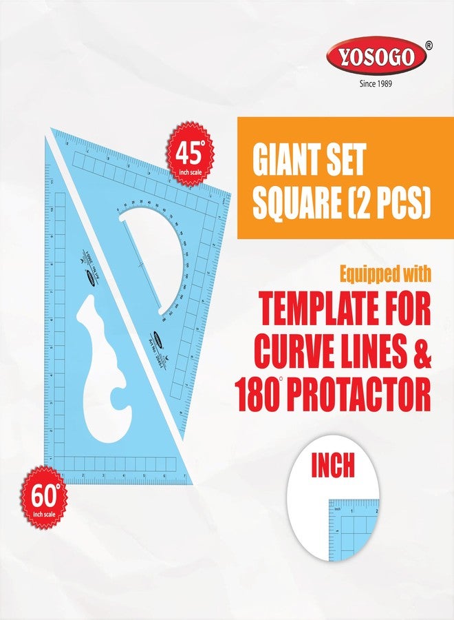 Yosogo Pack of 2 Large Transparent Triangle Ruler Set Square: 12 Inch- 30/60 Degree & 9 inch 45/90 Degree | Essential for School and Work use (Inch Scale) - Image 2