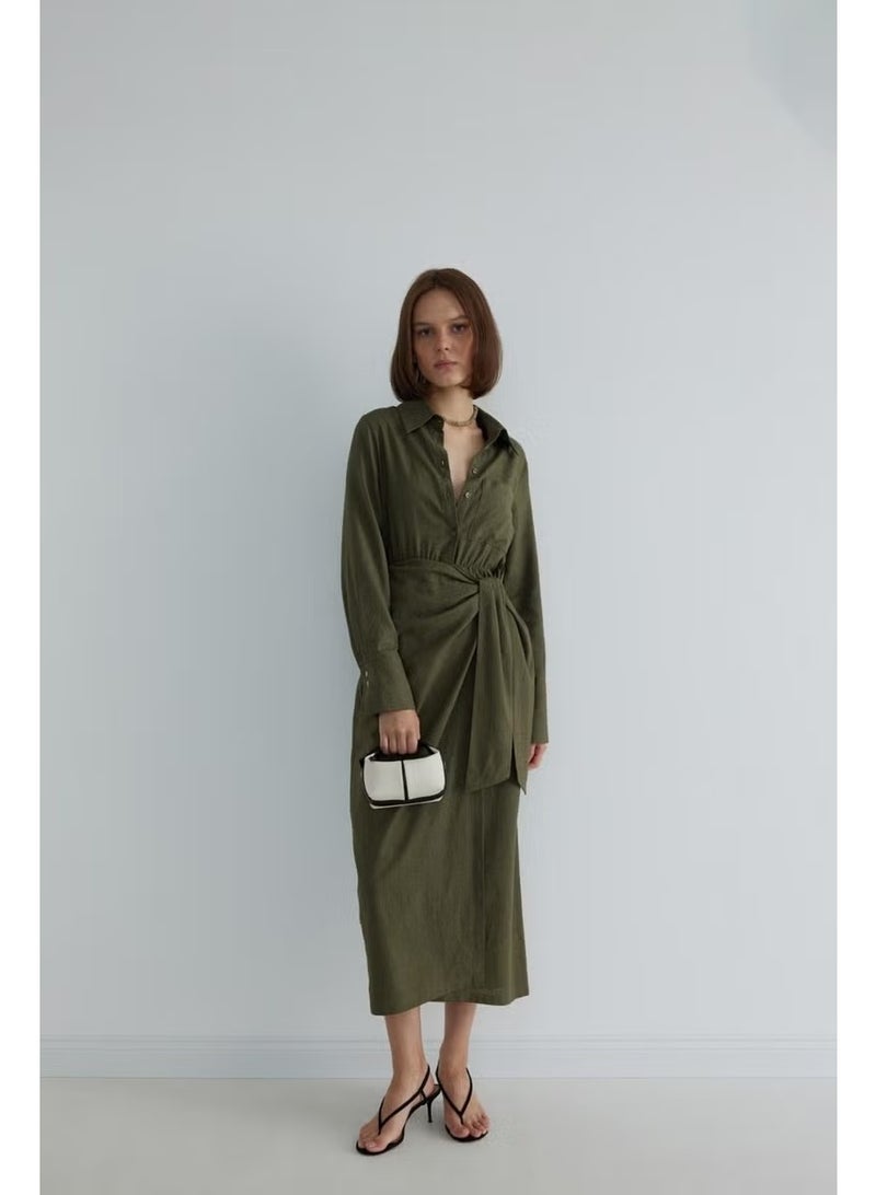 Suud Collection Khaki Nolid Wrap Linen Dress - Image 1