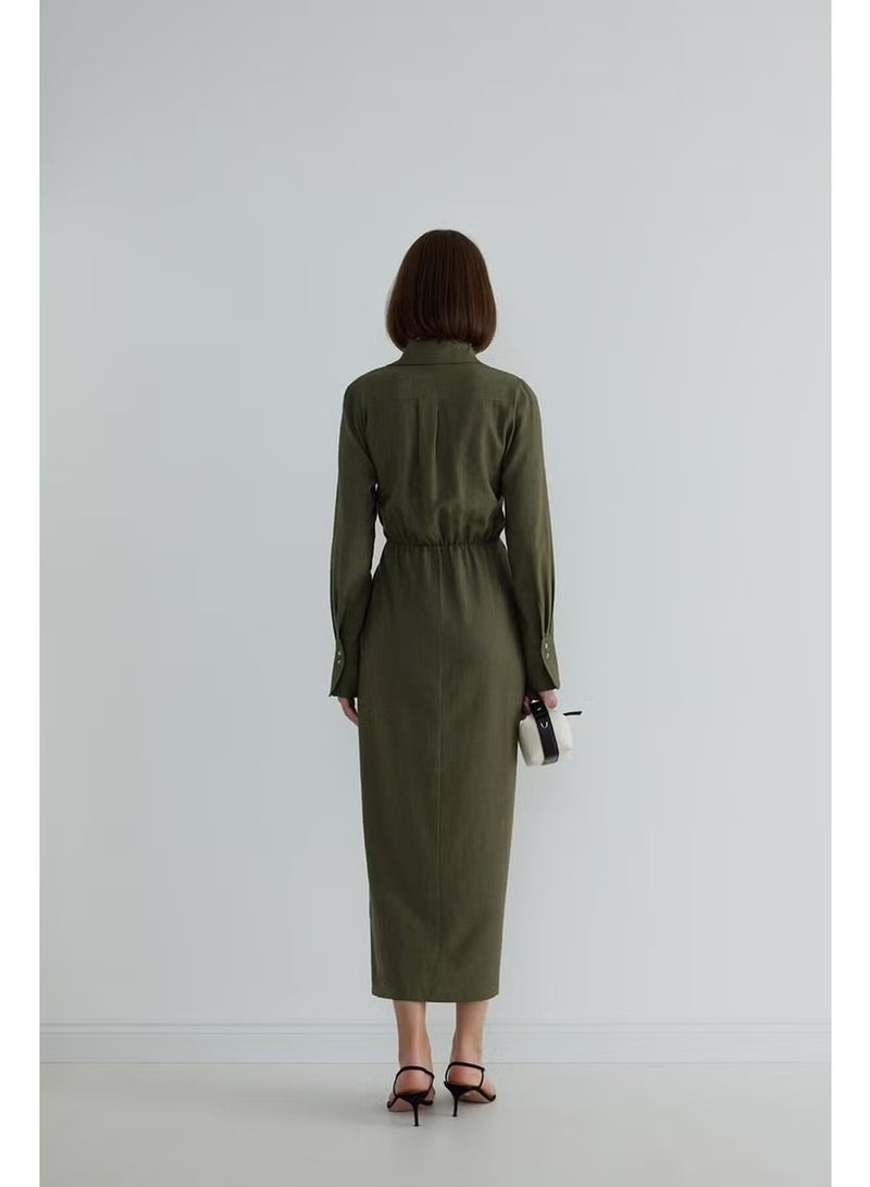 Suud Collection Khaki Nolid Wrap Linen Dress - Image 4