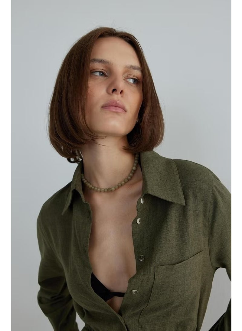 Suud Collection Khaki Nolid Wrap Linen Dress - Image 2