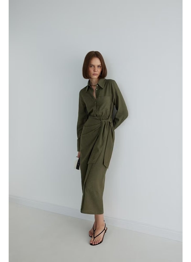 Suud Collection Khaki Nolid Wrap Linen Dress - Image 3