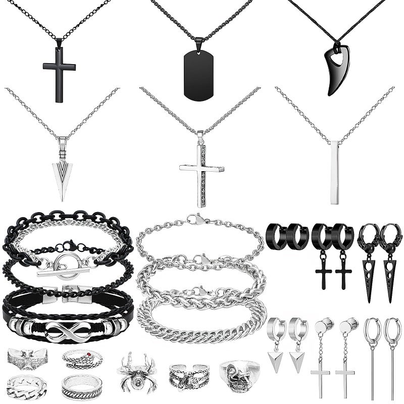 NEWITIN 31 Pieces Stainless Steel Jewelry Set for Men Black Silver Chain Necklace Bracelet Cross Pendant Necklaces Vintage Rings Dangle Cross Earrings Cuban Jewelry Set for Men Women - Image 1