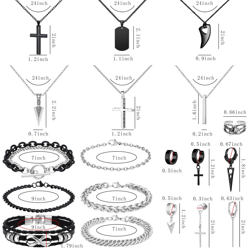 NEWITIN 31 Pieces Stainless Steel Jewelry Set for Men Black Silver Chain Necklace Bracelet Cross Pendant Necklaces Vintage Rings Dangle Cross Earrings Cuban Jewelry Set for Men Women - Image 2
