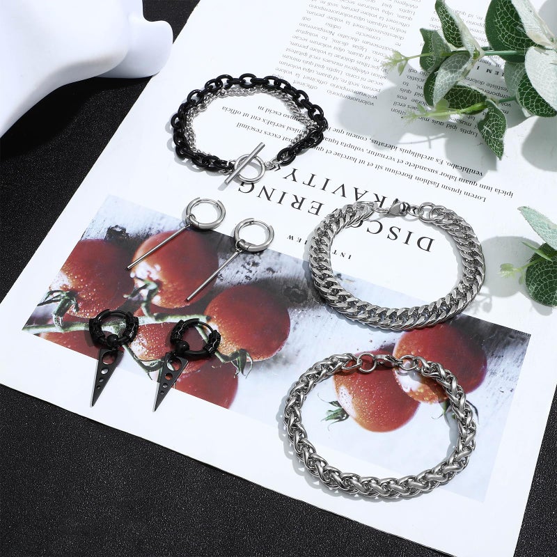 NEWITIN 31 Pieces Stainless Steel Jewelry Set for Men Black Silver Chain Necklace Bracelet Cross Pendant Necklaces Vintage Rings Dangle Cross Earrings Cuban Jewelry Set for Men Women - Image 4