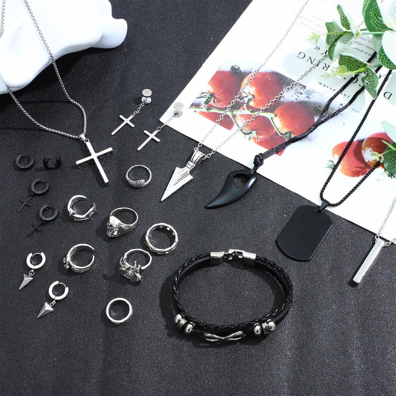 NEWITIN 31 Pieces Stainless Steel Jewelry Set for Men Black Silver Chain Necklace Bracelet Cross Pendant Necklaces Vintage Rings Dangle Cross Earrings Cuban Jewelry Set for Men Women - Image 3