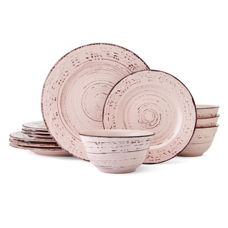 Pfaltzgraff طقم أطباق وأوعية بفلزغرايف تريليس الوردي 12 قطعة خدمة لـ 4 أشخاص