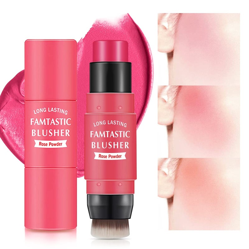 LOKFAR Cream Blush Stick for Cheeks  2 in 1 Multi Makeup Blush with Brush for Cheeks Tint  Eyes  Lips Waterproof Smooth Creme Texture Longlasting Wear All Day 02 Rose Red
