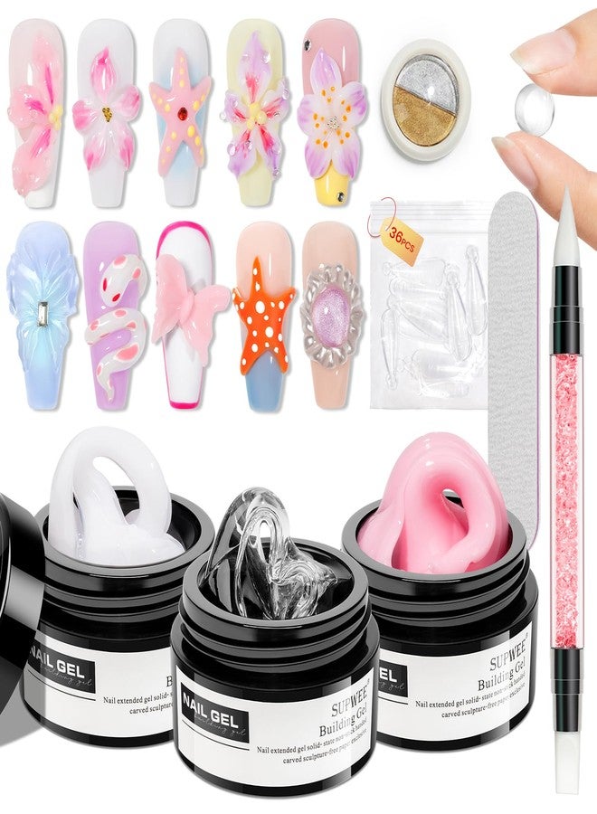 SUPWEE Clear White Pink Solid Builder Gel for Nails 3D Nail Art Sculpture Hard Gel with Dual Form for Extension Carving Molding Patterns Decoration Home Manicure DIY for Women - Image 1