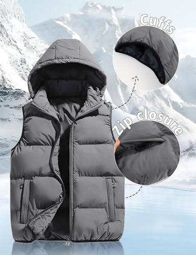 Gihuo Men's Hooded Puffer Vest Sleeveless Zip Up Padded Jackets Coat Lightweight Quilted Gilet with Pockets (US, Alpha, Medium, Regular, Regular, Grey) - Image 4