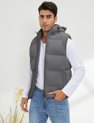 Gihuo Men's Hooded Puffer Vest Sleeveless Zip Up Padded Jackets Coat Lightweight Quilted Gilet with Pockets (US, Alpha, Medium, Regular, Regular, Grey) - Image 2