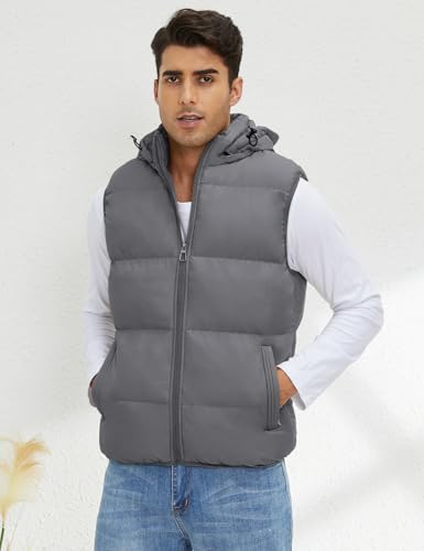 Gihuo Men's Hooded Puffer Vest Sleeveless Zip Up Padded Jackets Coat Lightweight Quilted Gilet with Pockets (US, Alpha, Medium, Regular, Regular, Grey) - Image 3