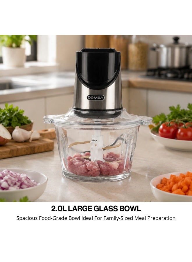 DOMEA Food Chopper 2.0L Glass Bowl, 500W Electric Vegetable Chopper with 4 Titanium Blades, 2-Speed Control, Meat Grinder, Ice Crusher, Kitchen Food Processor KCG172 - Image 2