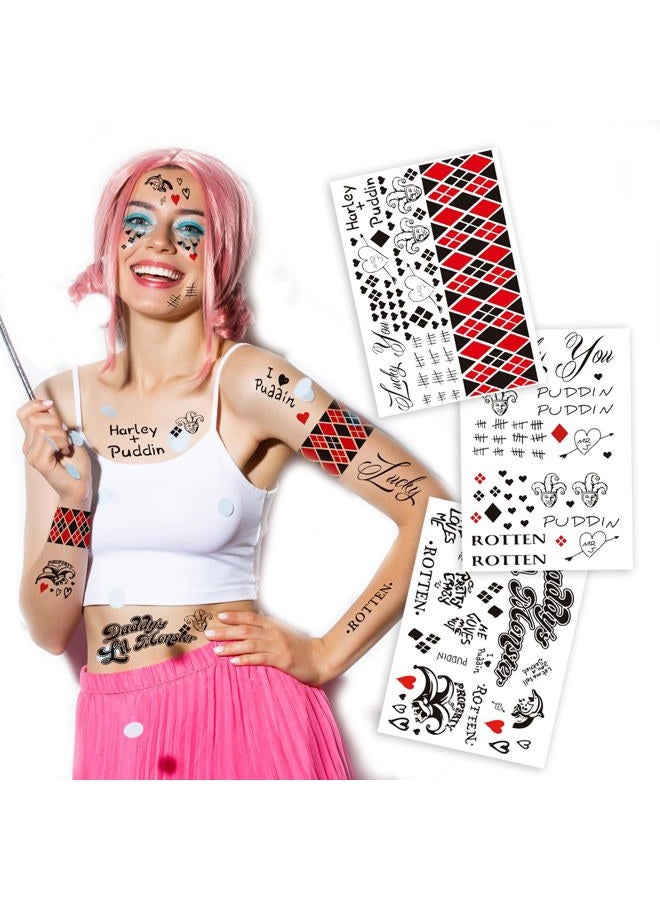 Kotbs 3-Pack Large Cosplay HARLI QUYNN Temporary Tattoos – 8.2 x 11.6 Inch Clown Girl Themed Fake Tattoos for Men, Women, and Kids – Perfect for Halloween, Cosplay, and Costume Parties - Image 1