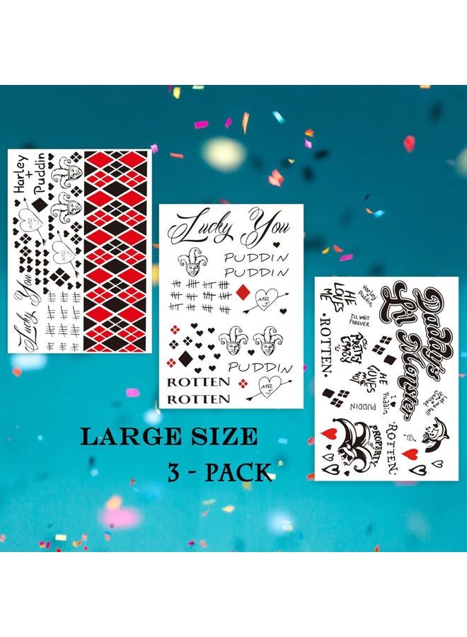 Kotbs 3-Pack Large Cosplay HARLI QUYNN Temporary Tattoos – 8.2 x 11.6 Inch Clown Girl Themed Fake Tattoos for Men, Women, and Kids – Perfect for Halloween, Cosplay, and Costume Parties - Image 3
