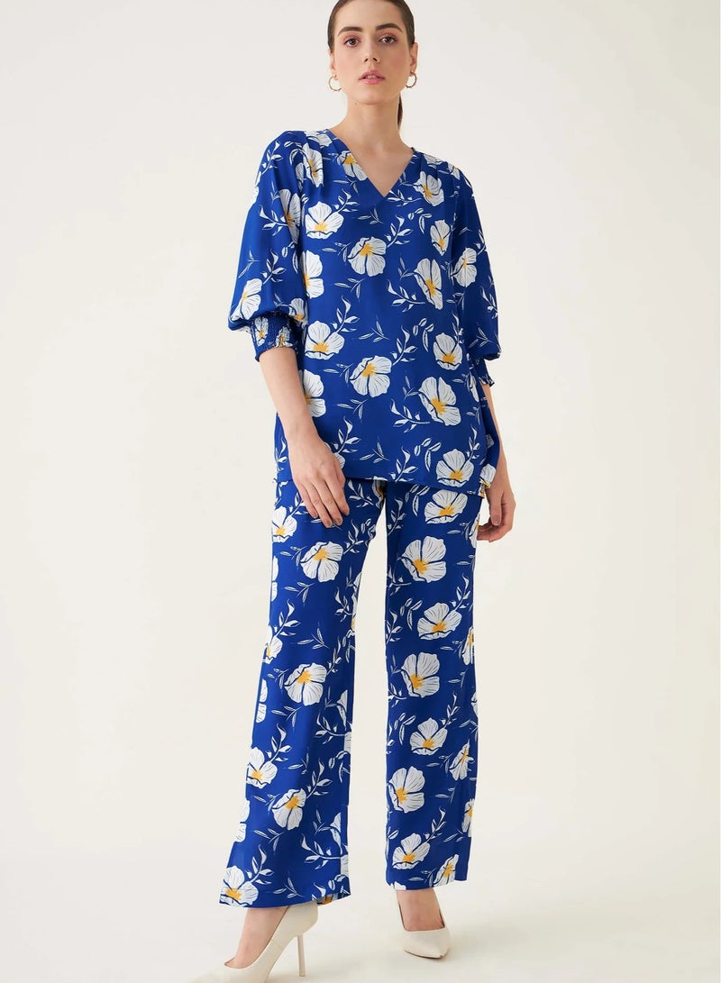 Salt Attire Women’s Floral Printed V-Neck Long Top and Mid-Rise Straight Leg Pants Set, Cotton Rayon with Smocked Sleeves and Side Zip Closure, Stylish Co-ord Set  - Image 1