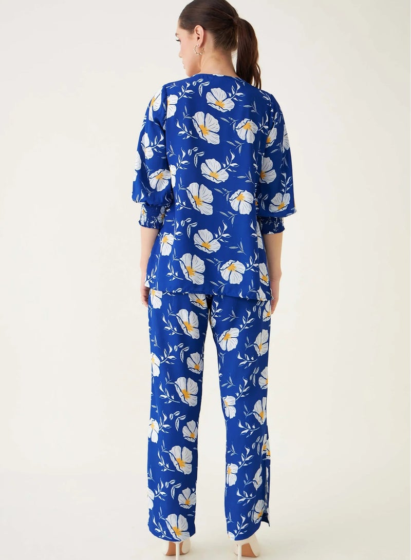 Salt Attire Women’s Floral Printed V-Neck Long Top and Mid-Rise Straight Leg Pants Set, Cotton Rayon with Smocked Sleeves and Side Zip Closure, Stylish Co-ord Set  - Image 2
