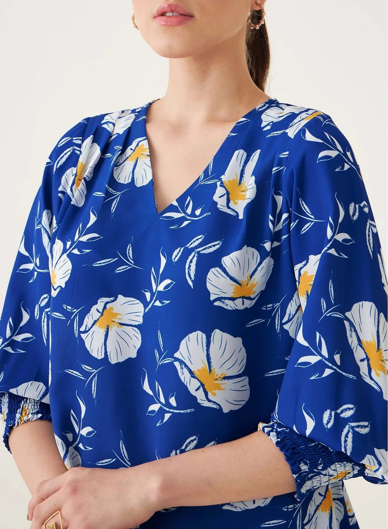 Salt Attire Women’s Floral Printed V-Neck Long Top and Mid-Rise Straight Leg Pants Set, Cotton Rayon with Smocked Sleeves and Side Zip Closure, Stylish Co-ord Set  - Image 3