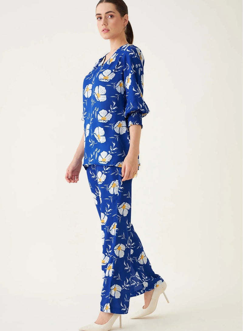 Salt Attire Women’s Floral Printed V-Neck Long Top and Mid-Rise Straight Leg Pants Set, Cotton Rayon with Smocked Sleeves and Side Zip Closure, Stylish Co-ord Set  - Image 5