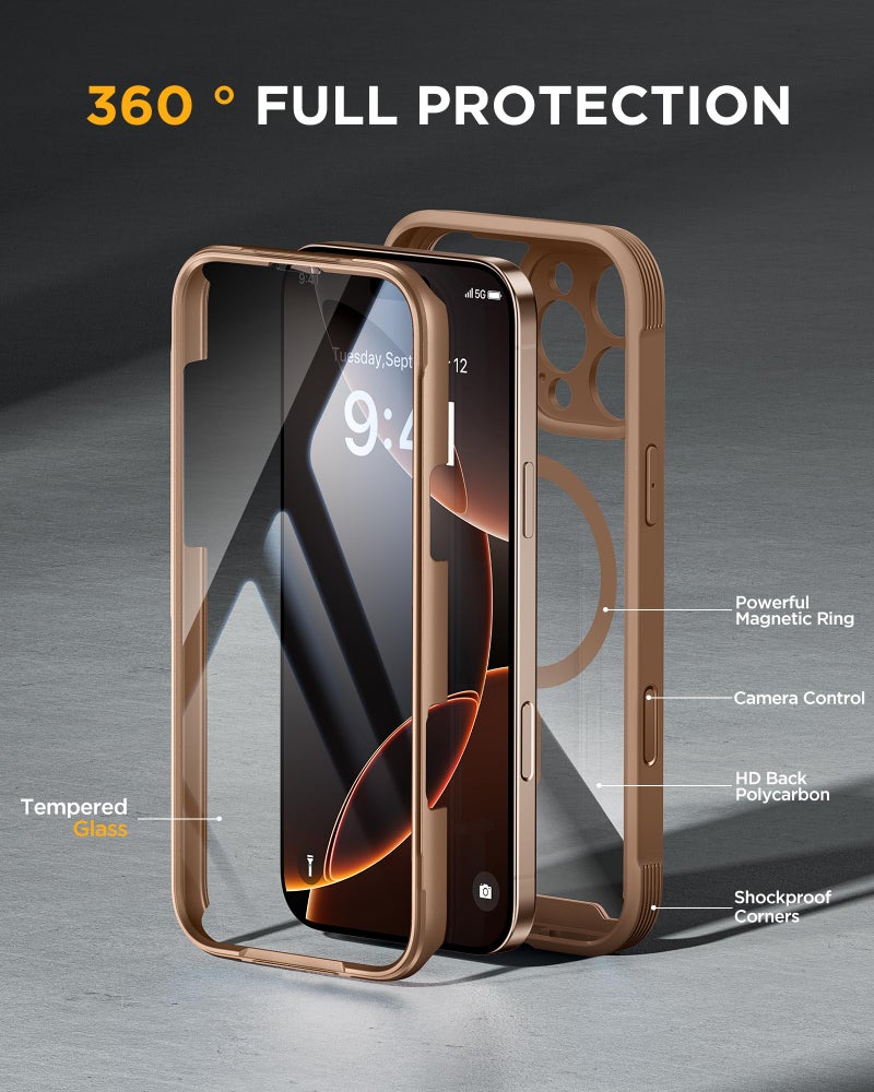 Miracase Magnetic for iPhone 16 Pro Max Case 6.9'' [Compatible with MagSafe] Full-Body Phone case with Built-in Glass Screen Protector& Camera Protector,Drop Proof 16 Pro Max Cover,Desert Brown - Image 3