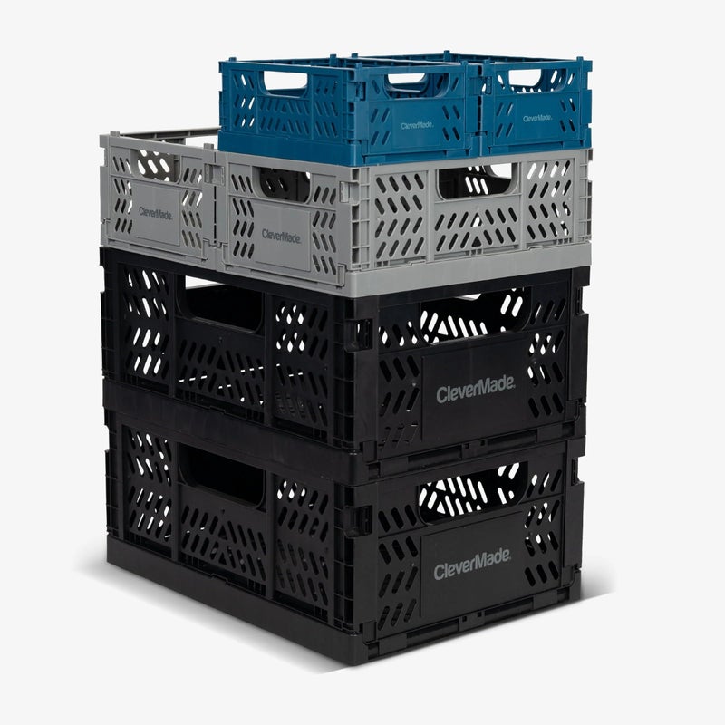 CleverMade Collapsible Mini Crates, 6-Pack Space-Saving Storage Bins In 3 Sizes, Stackable Heavy Duty Multipurpose Blue Grey Black Baskets For Shelves Drawers Kitchen Cabinets Toys Pads Printer Paper - Image 1