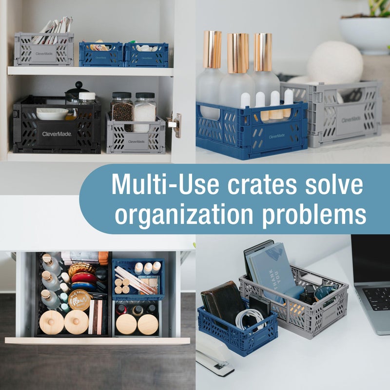 CleverMade Collapsible Mini Crates, 6-Pack Space-Saving Storage Bins In 3 Sizes, Stackable Heavy Duty Multipurpose Blue Grey Black Baskets For Shelves Drawers Kitchen Cabinets Toys Pads Printer Paper - Image 3