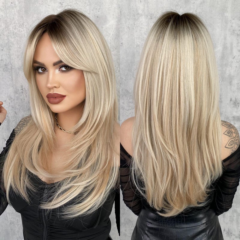 7JHH WIGS Long Blonde Wig with Bangs for WomenHeat Resistant Fiber 25 Inch Layered Synthetic Hair Wigs with Dark Roots for Daily Use