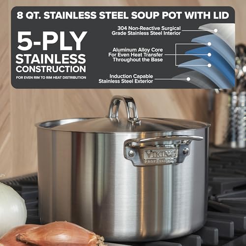 Viking 5-Ply Stainless Steel Stock Pot, 8 Quart Soup Cooking Pot with Lid, Kitchen Cookware, Gray - Image 2