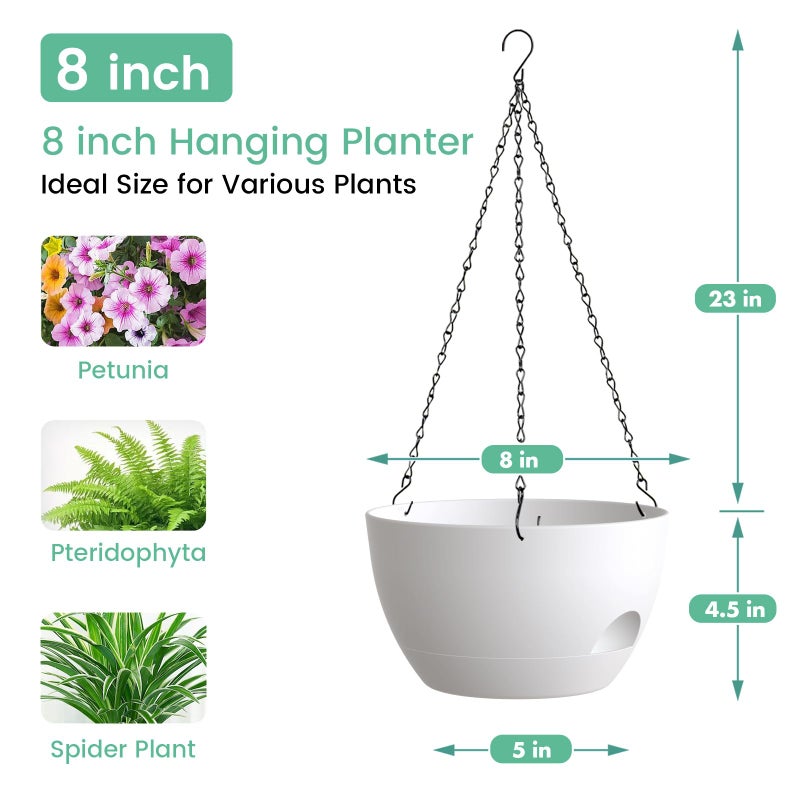 UOUZ 4 Pack 8 Inch Self Watering Hanging Planters for Indoor Outdoor Plantsï¼ŒHanging Pots for Plants with Drainage Removable Tray, Hanging Baskets Flower Pots for Ivy Pothos Spider Garden Porch White - Image 3