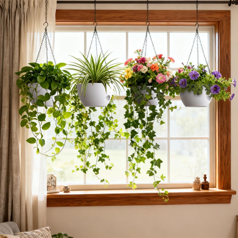 UOUZ 4 Pack 8 Inch Self Watering Hanging Planters for Indoor Outdoor Plantsï¼ŒHanging Pots for Plants with Drainage Removable Tray, Hanging Baskets Flower Pots for Ivy Pothos Spider Garden Porch White - Image 2