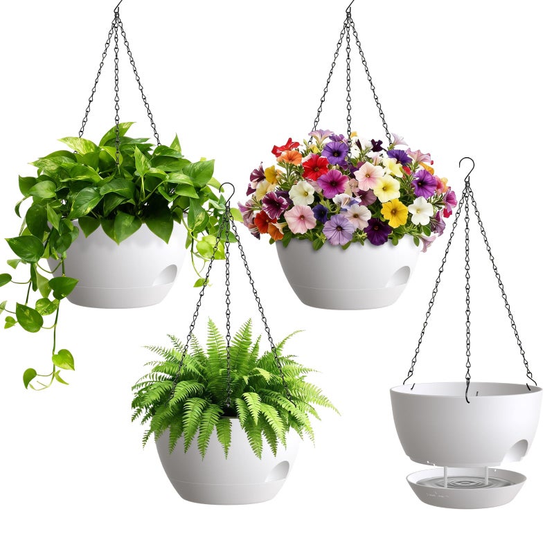 UOUZ 4 Pack 8 Inch Self Watering Hanging Planters for Indoor Outdoor Plantsï¼ŒHanging Pots for Plants with Drainage Removable Tray, Hanging Baskets Flower Pots for Ivy Pothos Spider Garden Porch White - Image 1