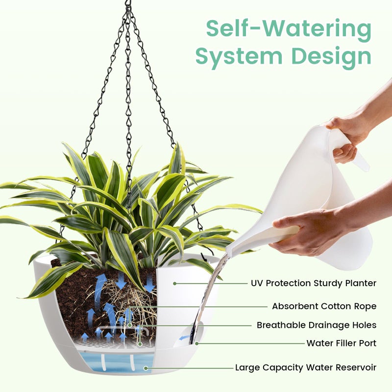 UOUZ 4 Pack 8 Inch Self Watering Hanging Planters for Indoor Outdoor Plantsï¼ŒHanging Pots for Plants with Drainage Removable Tray, Hanging Baskets Flower Pots for Ivy Pothos Spider Garden Porch White - Image 4