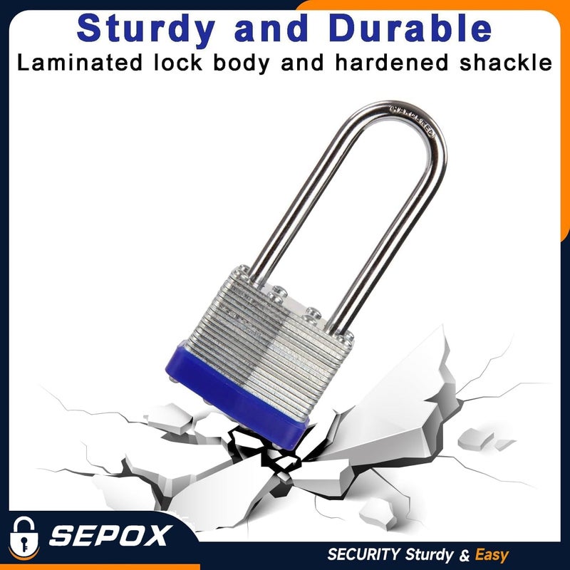 SEPOX ® 12Pcs Set Keyed-Alike Laminated Steel Padlocks with Same-Key, 2-3/8" Extra Long-Shackle, 1-9/16" 40MM Heavy-Duty Padlock Body, Locks with 28Pcs Key with Big Handle for Lockers-Lock, Fence - Image 3