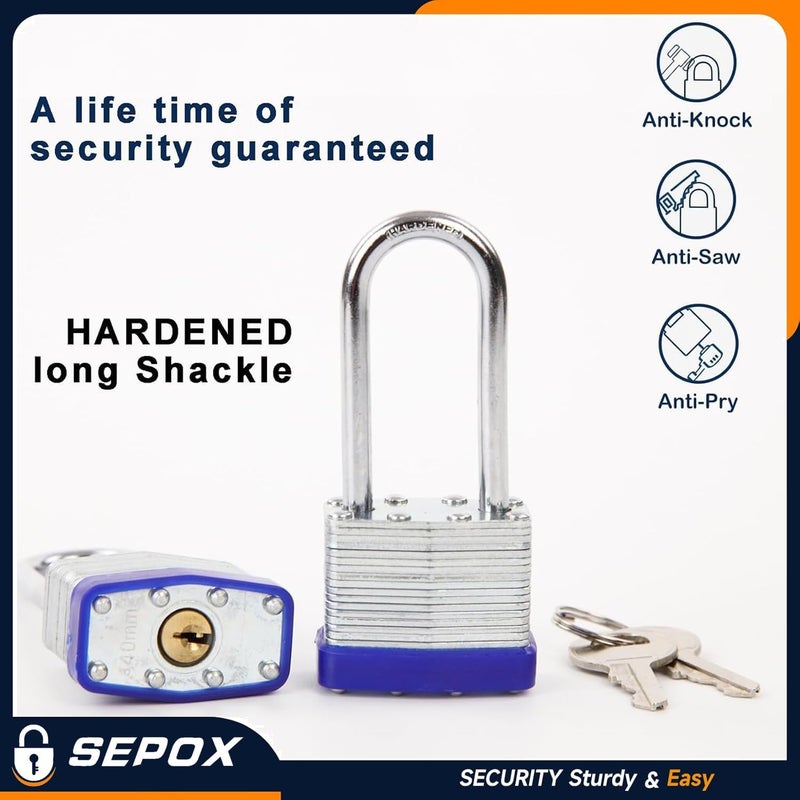SEPOX ® 12Pcs Set Keyed-Alike Laminated Steel Padlocks with Same-Key, 2-3/8" Extra Long-Shackle, 1-9/16" 40MM Heavy-Duty Padlock Body, Locks with 28Pcs Key with Big Handle for Lockers-Lock, Fence - Image 4