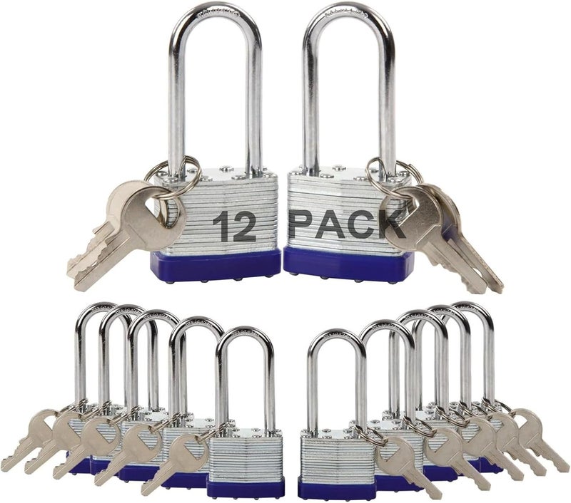SEPOX ® 12Pcs Set Keyed-Alike Laminated Steel Padlocks with Same-Key, 2-3/8" Extra Long-Shackle, 1-9/16" 40MM Heavy-Duty Padlock Body, Locks with 28Pcs Key with Big Handle for Lockers-Lock, Fence - Image 1