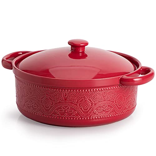 FE FUN ELEMENTS FUN ELEMENTS Casserole Dish, 2 Quart Lace Emboss Casserole Dish with Lid, Oven to Table Ceramic Round Serving Dish with Handles for Dinner and Party, Thanksgiving Christmas Gifts(Christmas Red) - Image 1