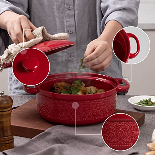 FE FUN ELEMENTS FUN ELEMENTS Casserole Dish, 2 Quart Lace Emboss Casserole Dish with Lid, Oven to Table Ceramic Round Serving Dish with Handles for Dinner and Party, Thanksgiving Christmas Gifts(Christmas Red) - Image 3