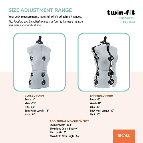 Dritz Twin-Fit Adjustable Dress Form - Small Sizes US 4-10 - Female Clothing Mannequin for Sewing, Fitting, and Draping - Pinnable Sewing Mannequin with 13 Dials for Fitting + 360 Hem Guide - Image 3