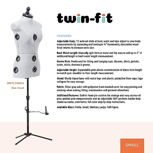 Dritz Twin-Fit Adjustable Dress Form - Small Sizes US 4-10 - Female Clothing Mannequin for Sewing, Fitting, and Draping - Pinnable Sewing Mannequin with 13 Dials for Fitting + 360 Hem Guide - Image 2