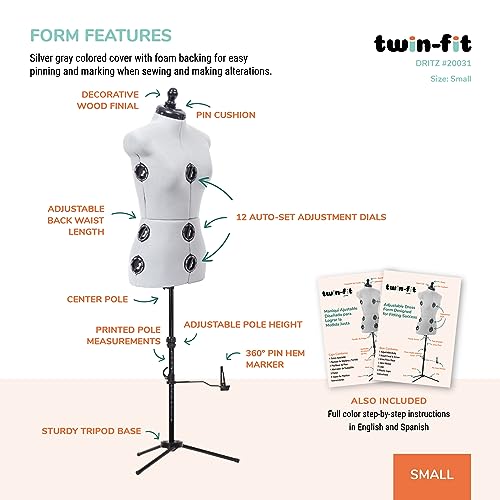 Dritz Twin-Fit Adjustable Dress Form - Small Sizes US 4-10 - Female Clothing Mannequin for Sewing, Fitting, and Draping - Pinnable Sewing Mannequin with 13 Dials for Fitting + 360 Hem Guide - Image 4