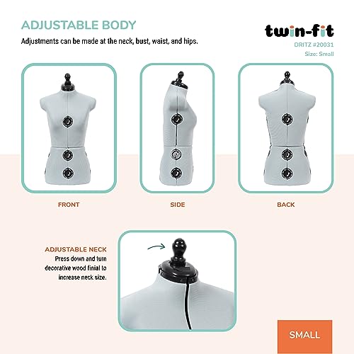 Dritz Twin-Fit Adjustable Dress Form - Small Sizes US 4-10 - Female Clothing Mannequin for Sewing, Fitting, and Draping - Pinnable Sewing Mannequin with 13 Dials for Fitting + 360 Hem Guide - Image 5