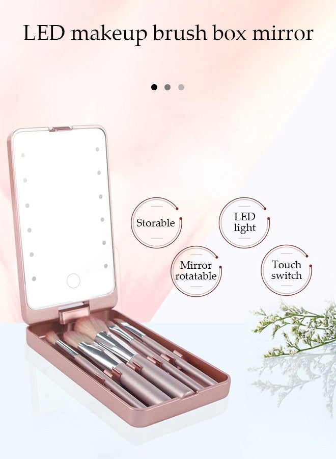 Generic Portable Makeup Mirror With 5 Makeup Brushes Travel Case Storage Box LED Rechargeable Makeup Mirror, Foundation Powder Concealers Eye Shadows Makeup Brush Set (Pink) - Image 3