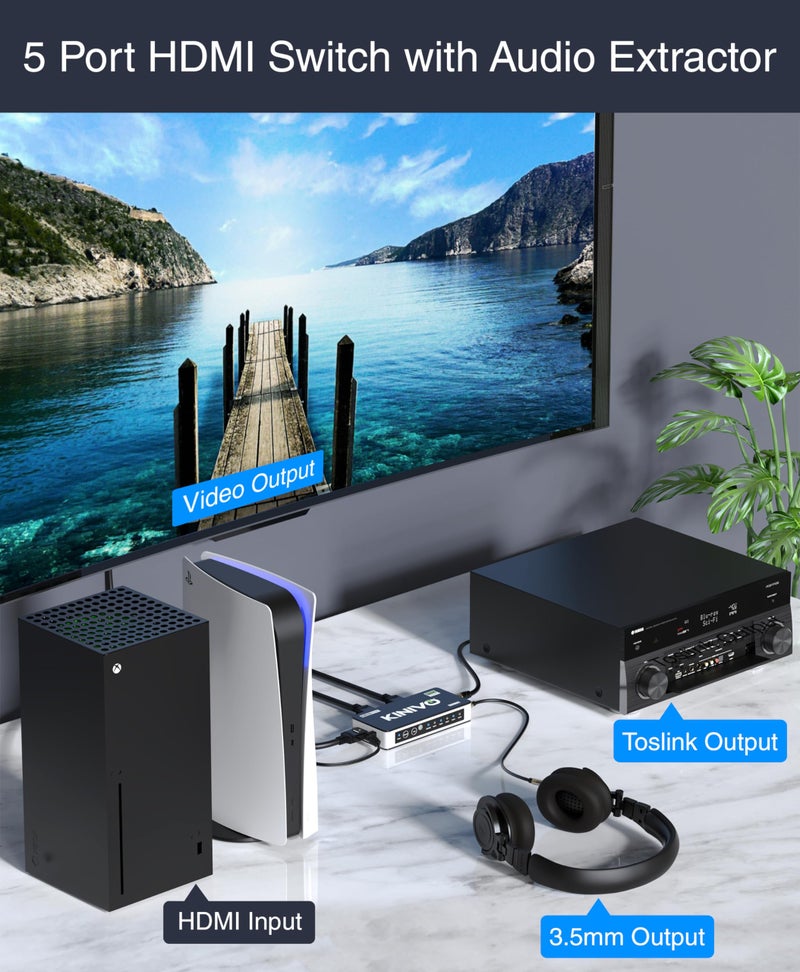 Kinivo HDMI Switch with Audio Extractor 560BNT (5 in 1 Out Hub, Toslink Optical Audio Port, SPDIF, 4K 60Hz Switcher, 18Gbps, IR Remote) - Compatible with Gaming Console, Cable TV, PC, Dolby Digital - Image 2