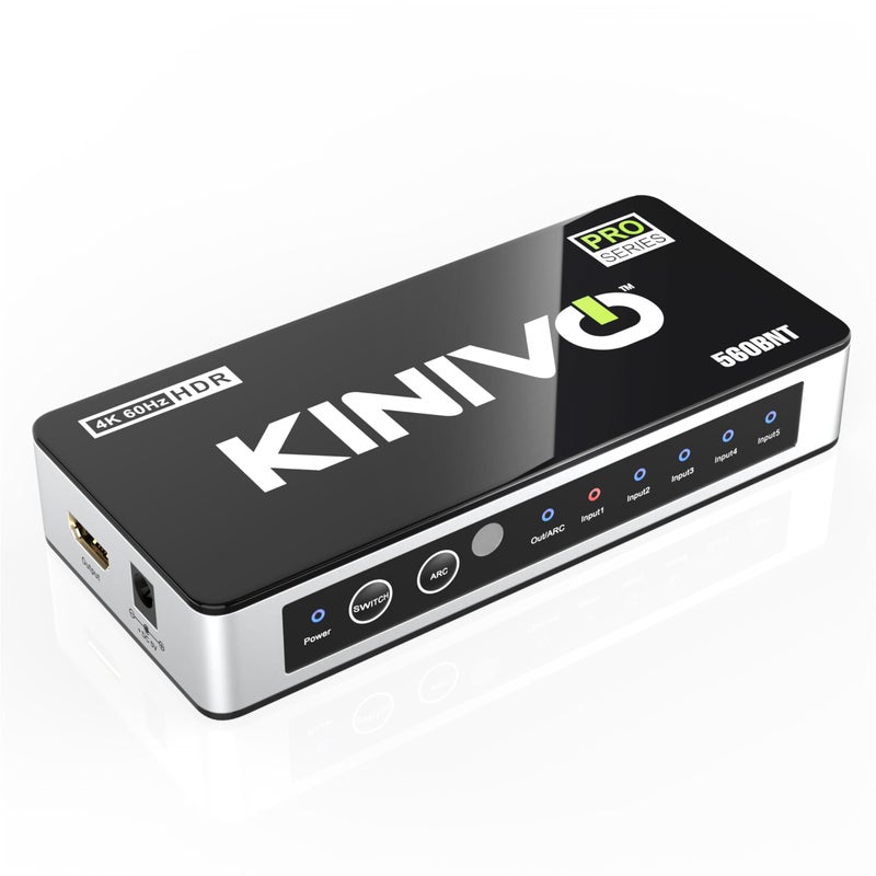 Kinivo HDMI Switch with Audio Extractor 560BNT (5 in 1 Out Hub, Toslink Optical Audio Port, SPDIF, 4K 60Hz Switcher, 18Gbps, IR Remote) - Compatible with Gaming Console, Cable TV, PC, Dolby Digital - Image 1