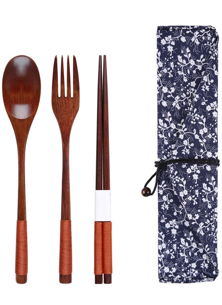 Al Aoyama Japanese style wooden chopsticks spoon fork three-piece set, travel office camping portable tableware  - Image 1
