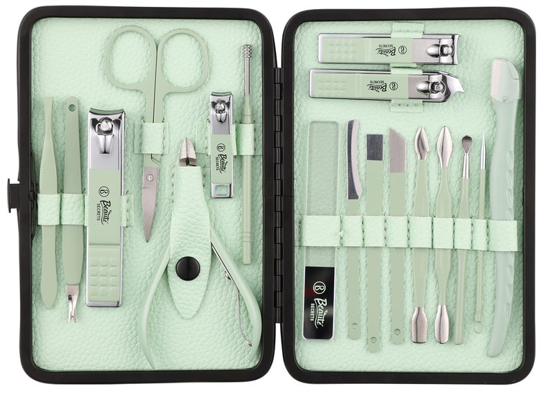 Beauté Secrets Nail Cutter Set, 18 Pieces Grooming Kit (Eyebrow Razor, Tweezer, Hair Plucker, Baby Nail Cutter, Ear Cleaner,Nail Cleaner,) Pedicure Gift for Men and Women (Green) - Image 1