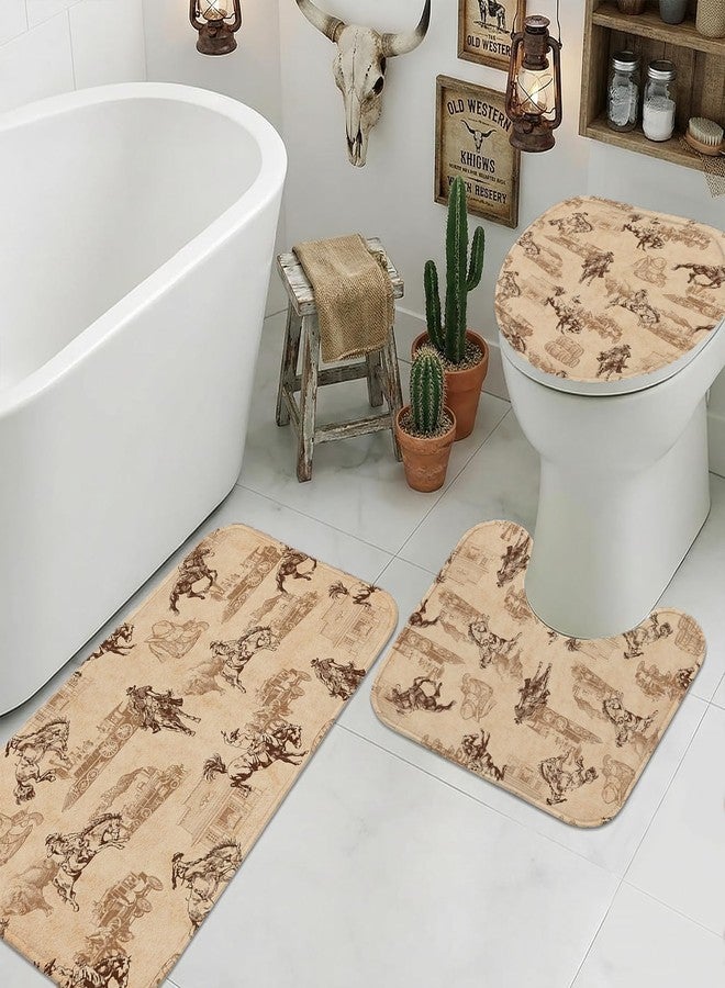 Mocsicka 4pcs Western Shower Curtain Set Vintage Waterproof Bathtub Curtain with Non Slip Rugs 2pcs, Toilet Lid Cover, Wild West Farmhouse Country Washable Bathroom Decor Accessory (Brown, 71x71inch) - Image 5