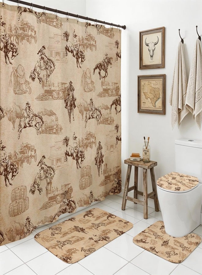 Mocsicka 4pcs Western Shower Curtain Set Vintage Waterproof Bathtub Curtain with Non Slip Rugs 2pcs, Toilet Lid Cover, Wild West Farmhouse Country Washable Bathroom Decor Accessory (Brown, 71x71inch) - Image 1
