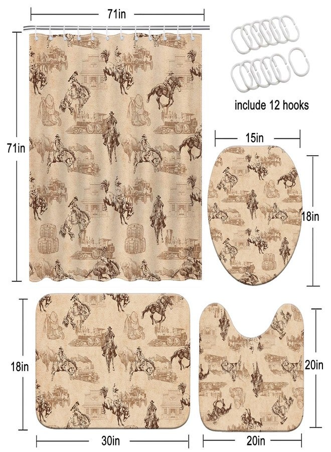 Mocsicka 4pcs Western Shower Curtain Set Vintage Waterproof Bathtub Curtain with Non Slip Rugs 2pcs, Toilet Lid Cover, Wild West Farmhouse Country Washable Bathroom Decor Accessory (Brown, 71x71inch) - Image 4
