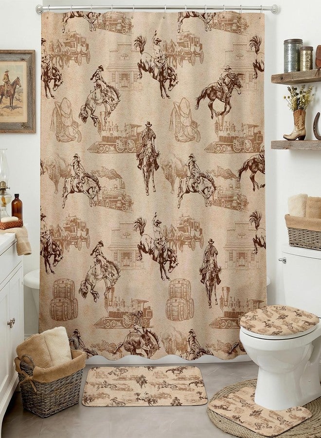 Mocsicka 4pcs Western Shower Curtain Set Vintage Waterproof Bathtub Curtain with Non Slip Rugs 2pcs, Toilet Lid Cover, Wild West Farmhouse Country Washable Bathroom Decor Accessory (Brown, 71x71inch) - Image 2