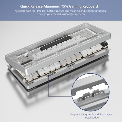 Womier RD75 Pro 75% Wireless Gaming Keyboard, Quick Release Aluminum Keyboard, QMK/VIA Tri-Mode Mechanical Key Board Custom Hot Swappable with RGB Creamy for Windows/Mac/PC - Silver - Image 2